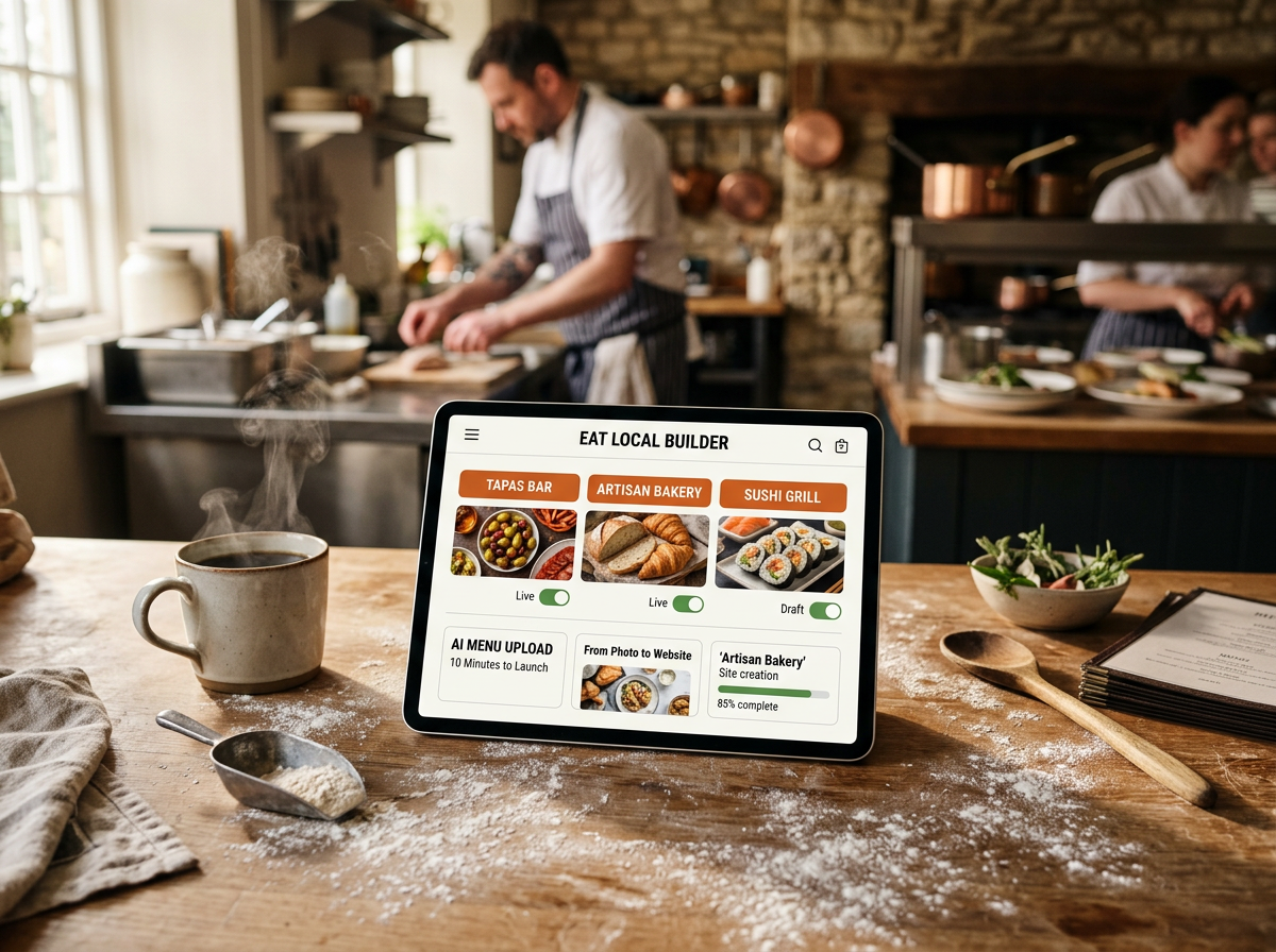 A lifestyle-editorial image of a tablet in a professional kitchen environment, showcasing the AI's ability to categorize diverse cuisine types.