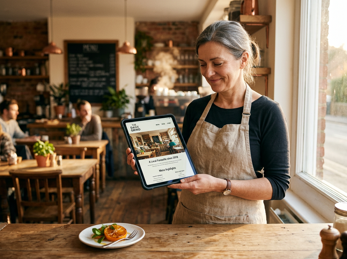 A British cafe owner looking at their website on a tablet in a warm, inviting dining room, symbolizing financial relief and digital ownership.