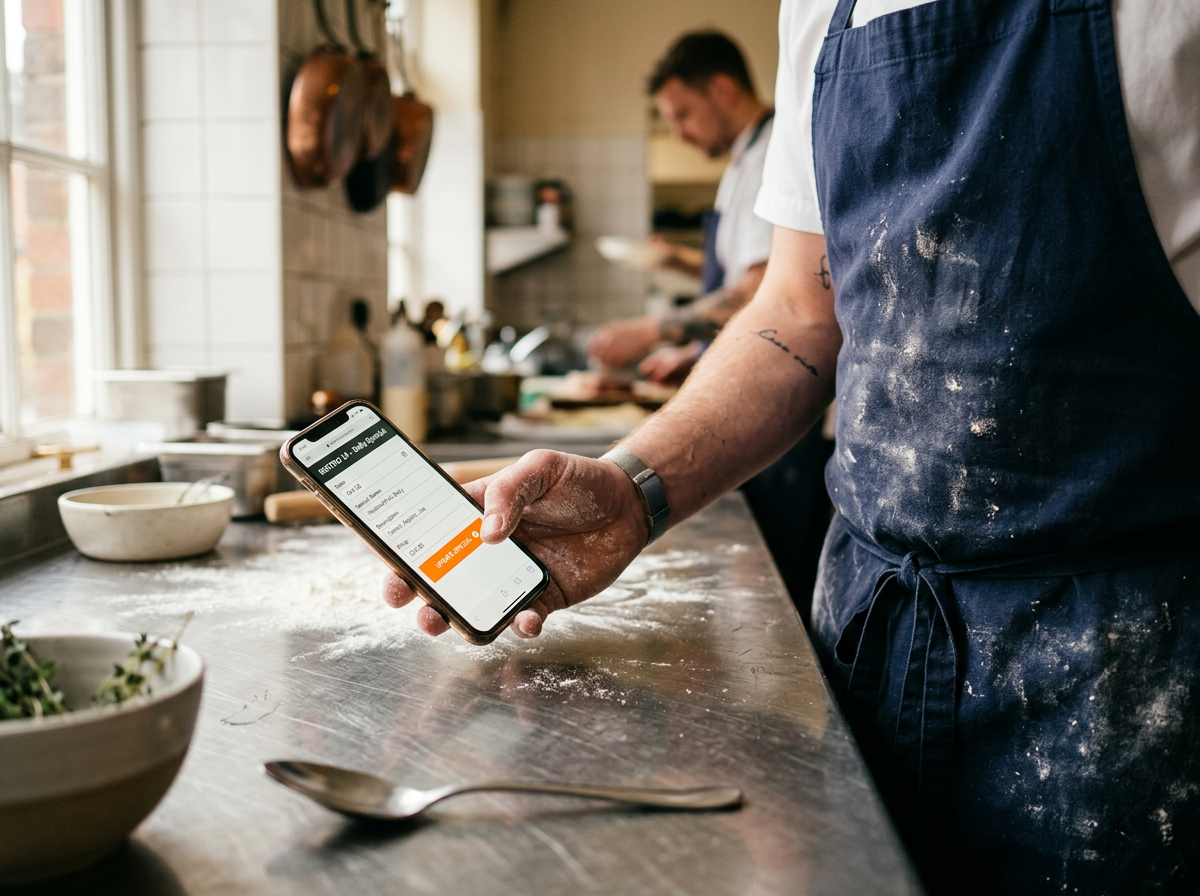 A close-up of a chef updating a digital menu on a phone in a real kitchen environment.