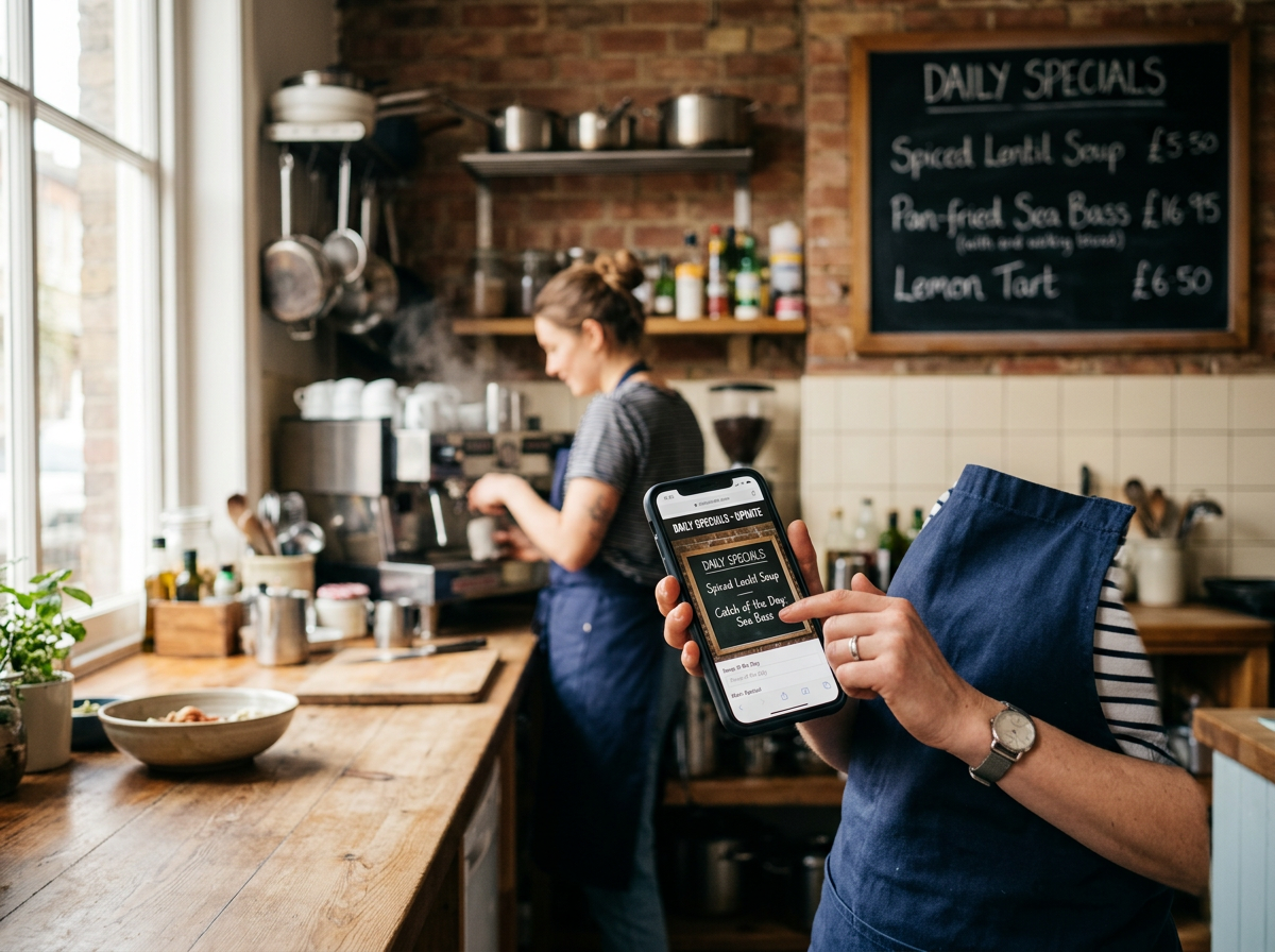 A chef using a smartphone to update daily specials on their restaurant website during a service gap.