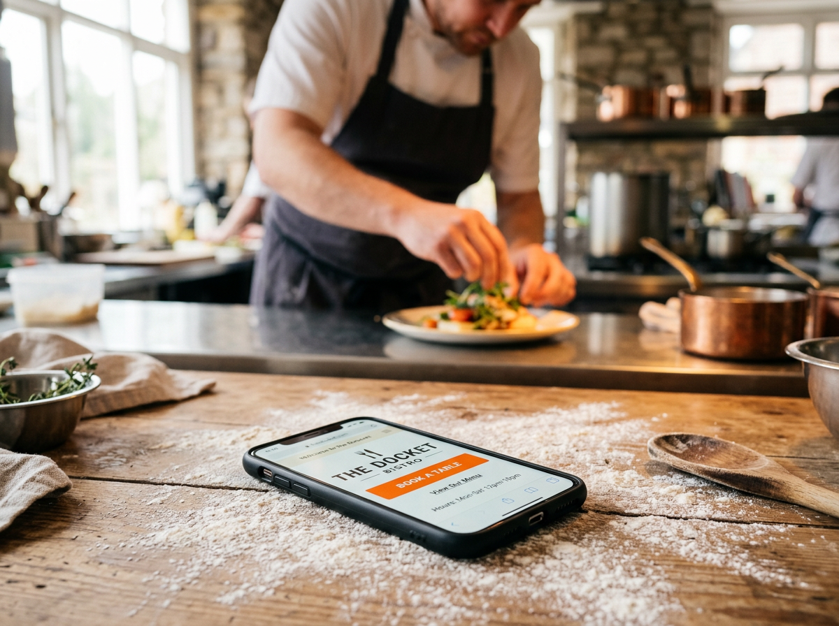 A smartphone on a restaurant kitchen table showing a mobile-ready website with a booking button, symbolizing 'service-ready' status.