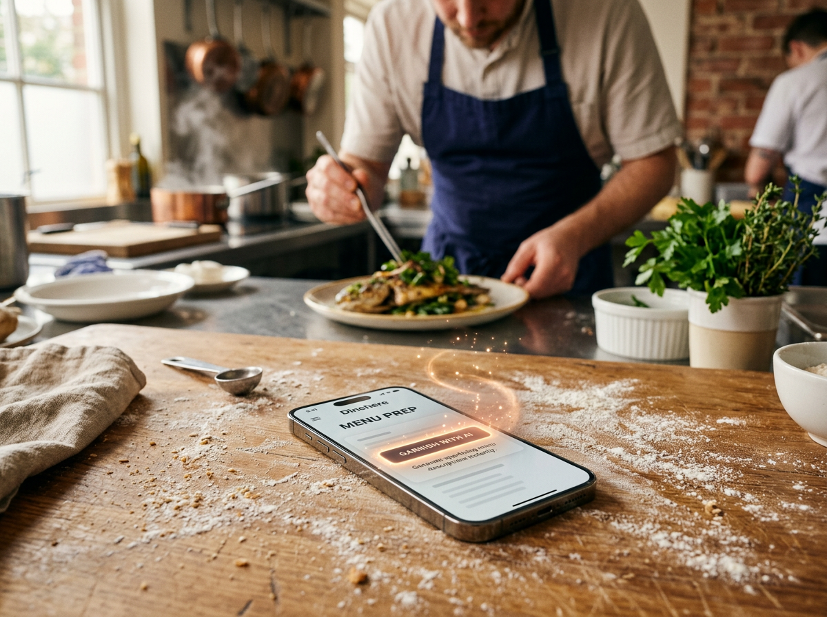 A conceptual photo of a smartphone in a kitchen setting showing a digital tool that garnishes menu text, representing the 'Digital Garnish' concept.