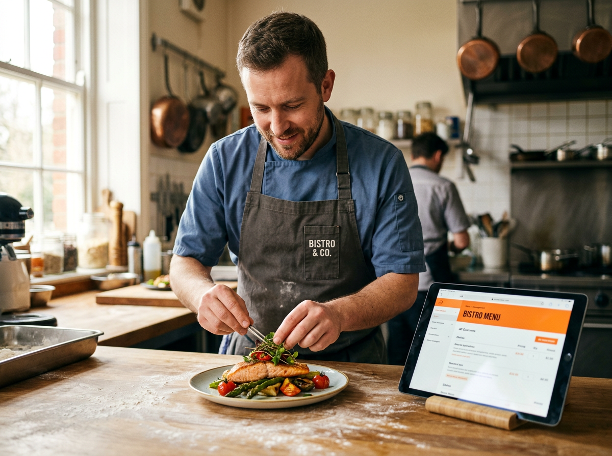 A chef focusing on food preparation in a warm kitchen with a tablet showing their completed website in the background, symbolizing reclaimed time.