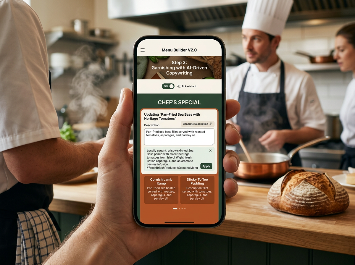 A restaurant owner using a smartphone to update the daily specials on their mobile-friendly website.