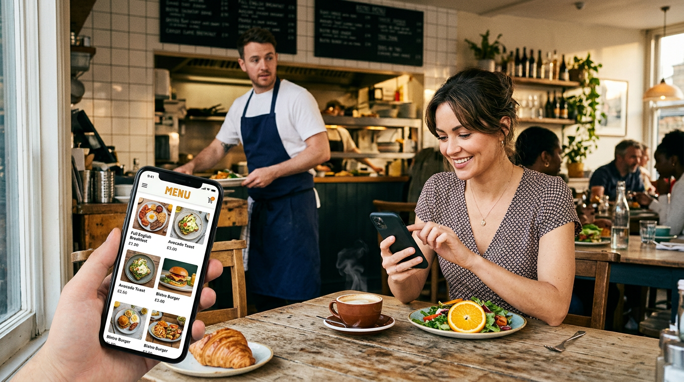 A customer enjoying a seamless digital menu experience on their phone in a sunlit, modern British restaurant.