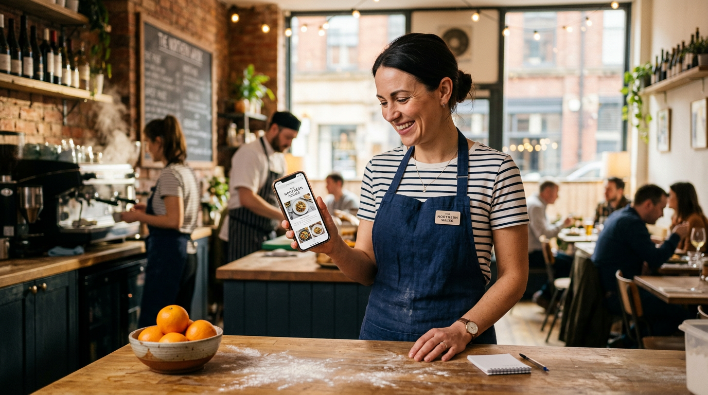 A smiling UK restaurant owner in a flour-dusted apron looking at their new website on a phone in a warm, authentic bistro setting.