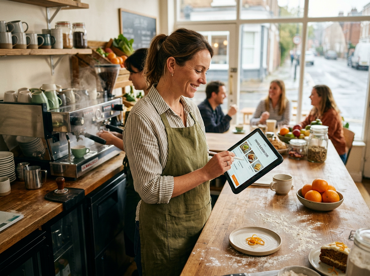 A British restaurant owner easily updating their menu on a tablet, illustrating the removal of the 'Design Gatekeeper'.