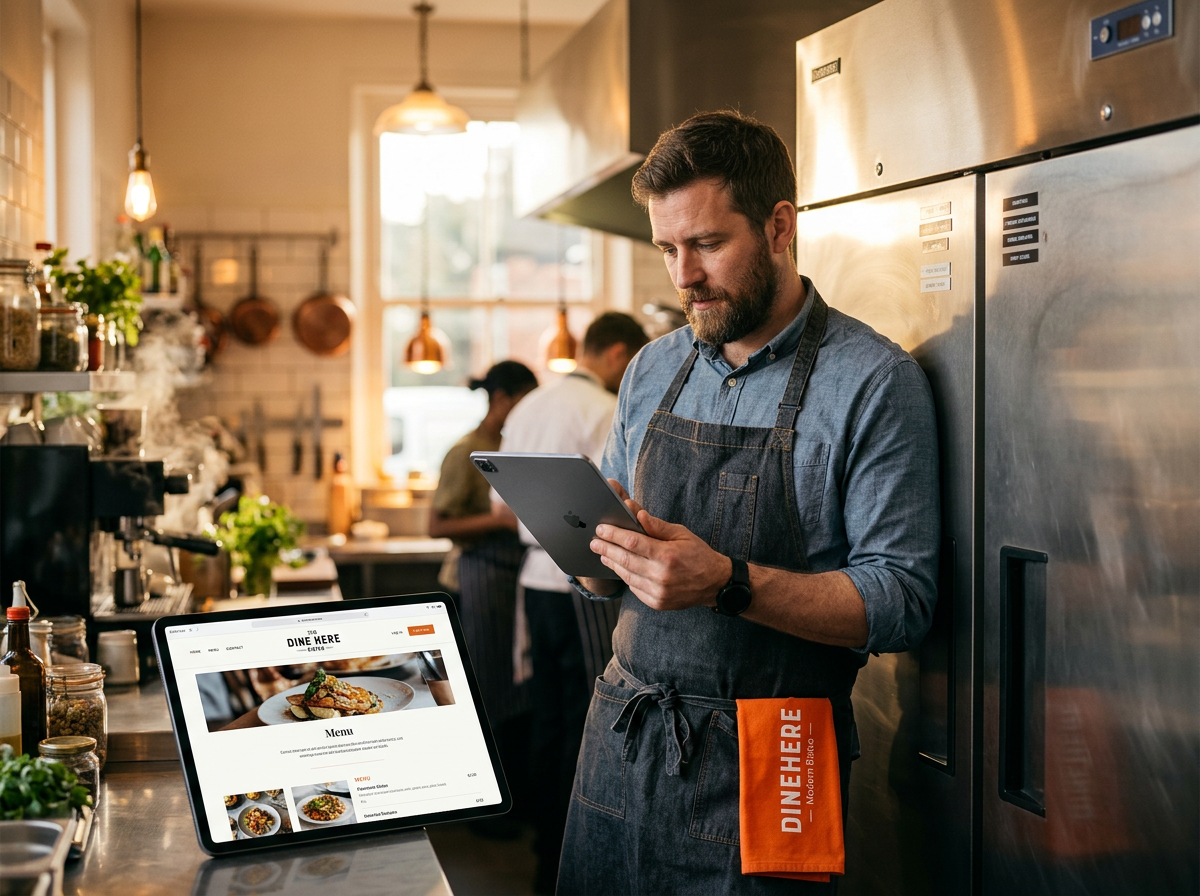 A restaurant owner comfortably using a tablet in a kitchen, representing the website as a reliable business asset rather than a technical burden.