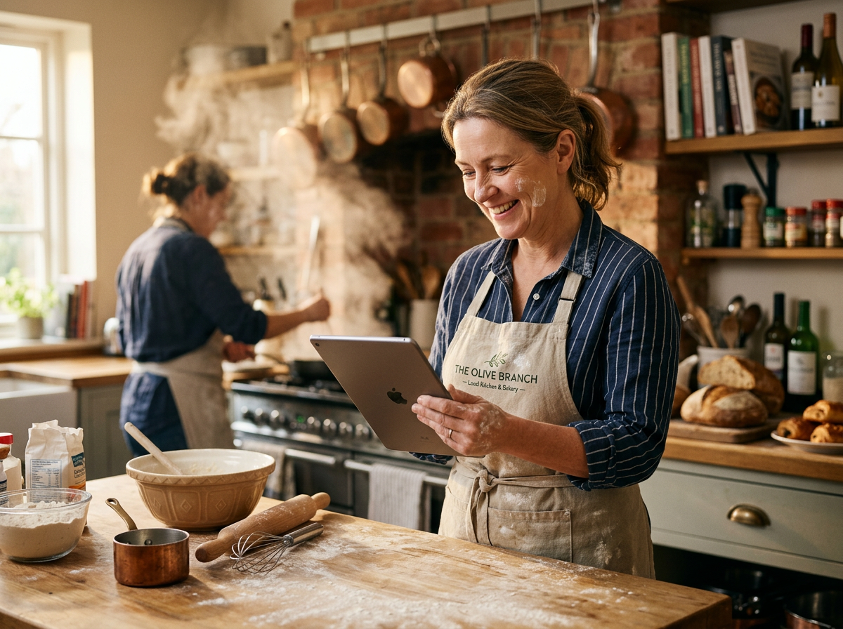 A local restaurant owner smiling while looking at their professional website on a tablet in a warm bistro setting.