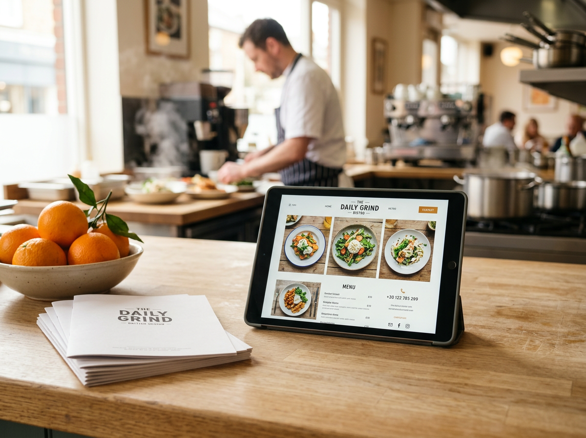 A tablet with a restaurant website sitting on a professional kitchen counter, representing the website as a reliable piece of digital kitchen equipment.