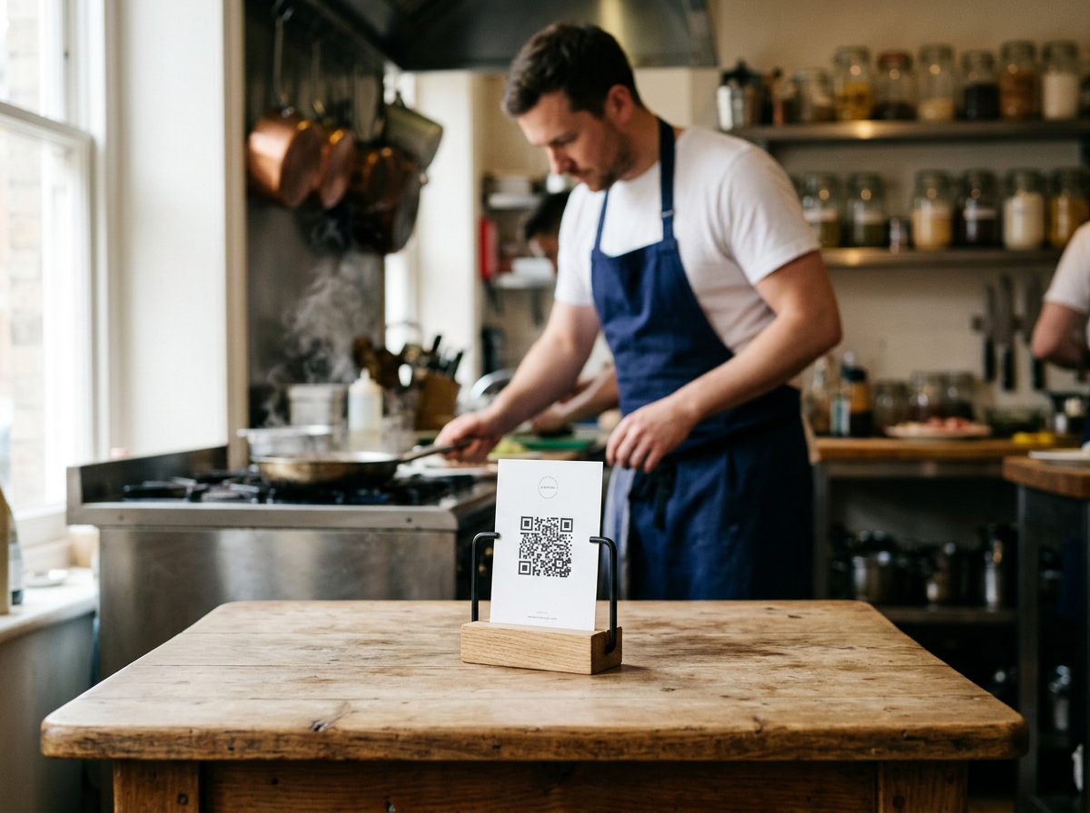 A lifestyle photo of a QR code on a bistro table used to link customers to an AI-managed digital menu.