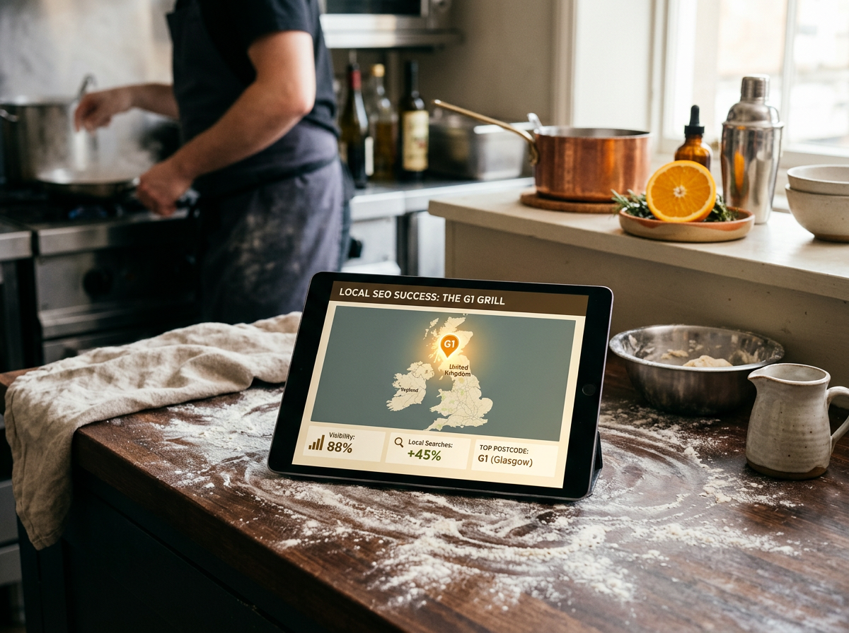 A tablet on a professional kitchen counter displaying a Local SEO dashboard with postcode-specific metadata for a UK restaurant.