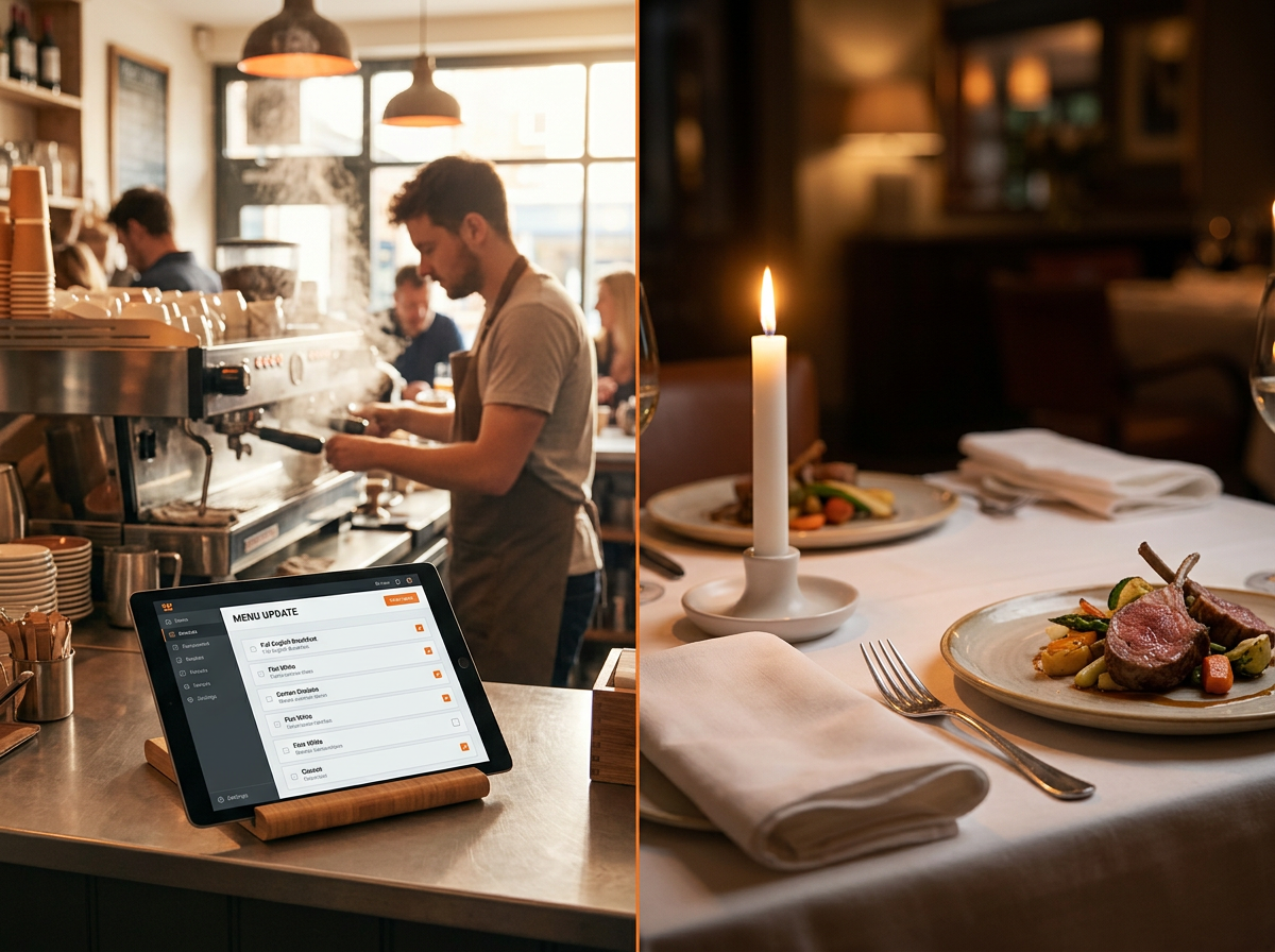 A split-screen photo representing the operational contrast between a high-volume cafe and an elegant destination restaurant.