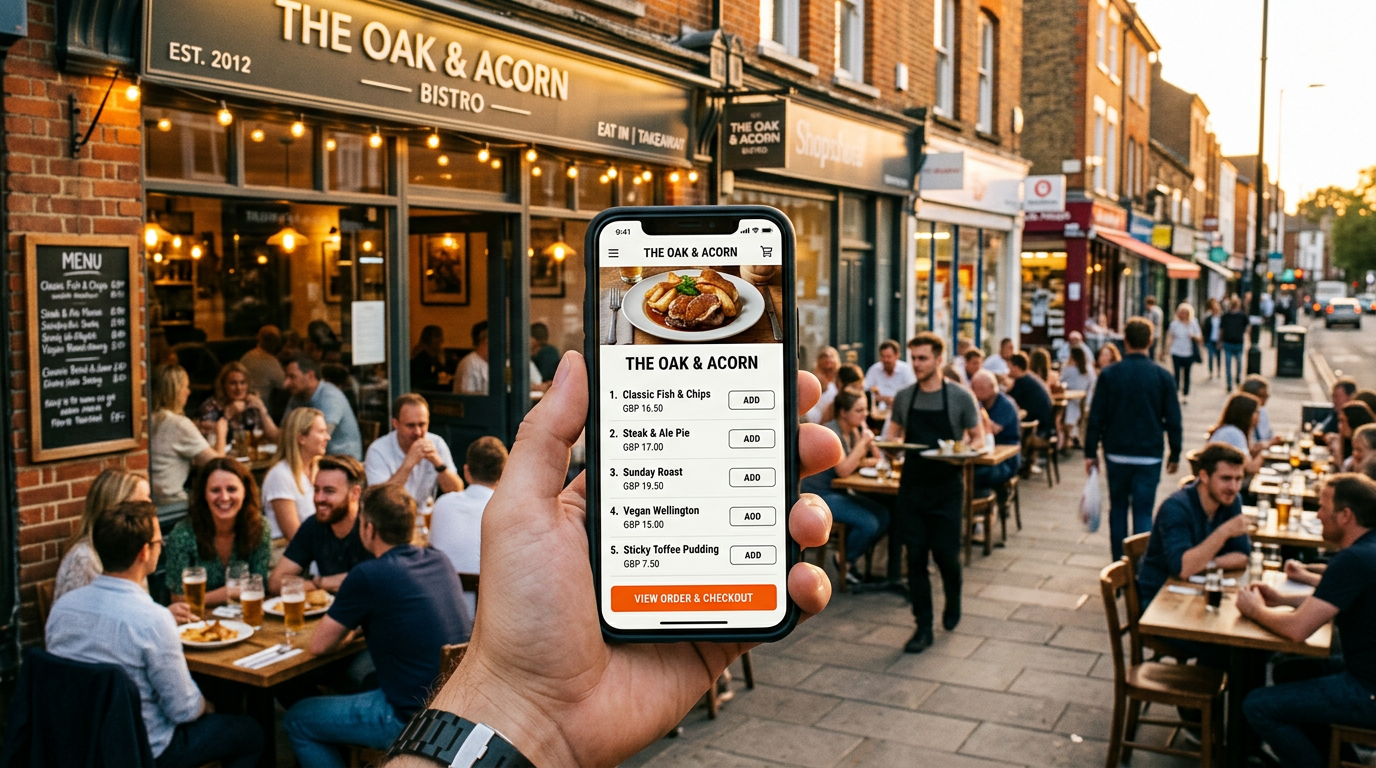 A busy local British bistro at sunset with a smartphone in the foreground showing a professional direct ordering website interface.