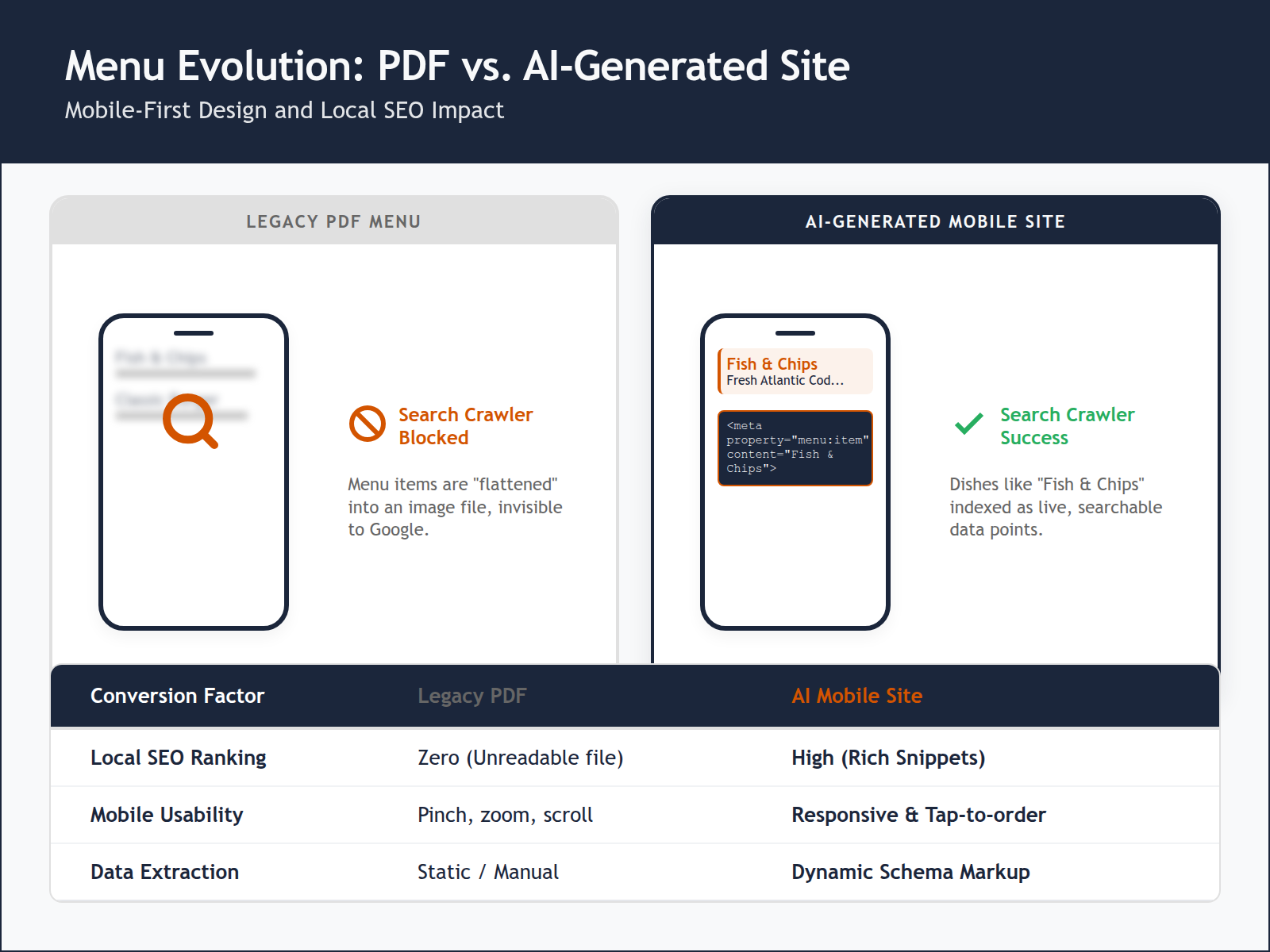 A comparison showing why search engines cannot index PDF menus but can easily read and rank structured data from AI-generated restaurant websites.