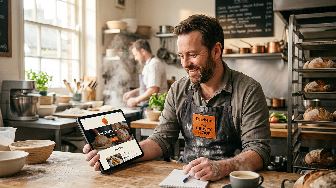 A professional UK restaurant owner in a kitchen looking at a website on a tablet with a sense of relief.