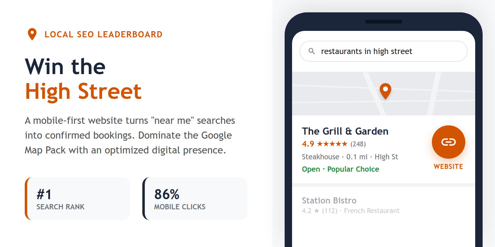 A mobile phone screen displaying a local search result for a restaurant at the top of Google Maps.