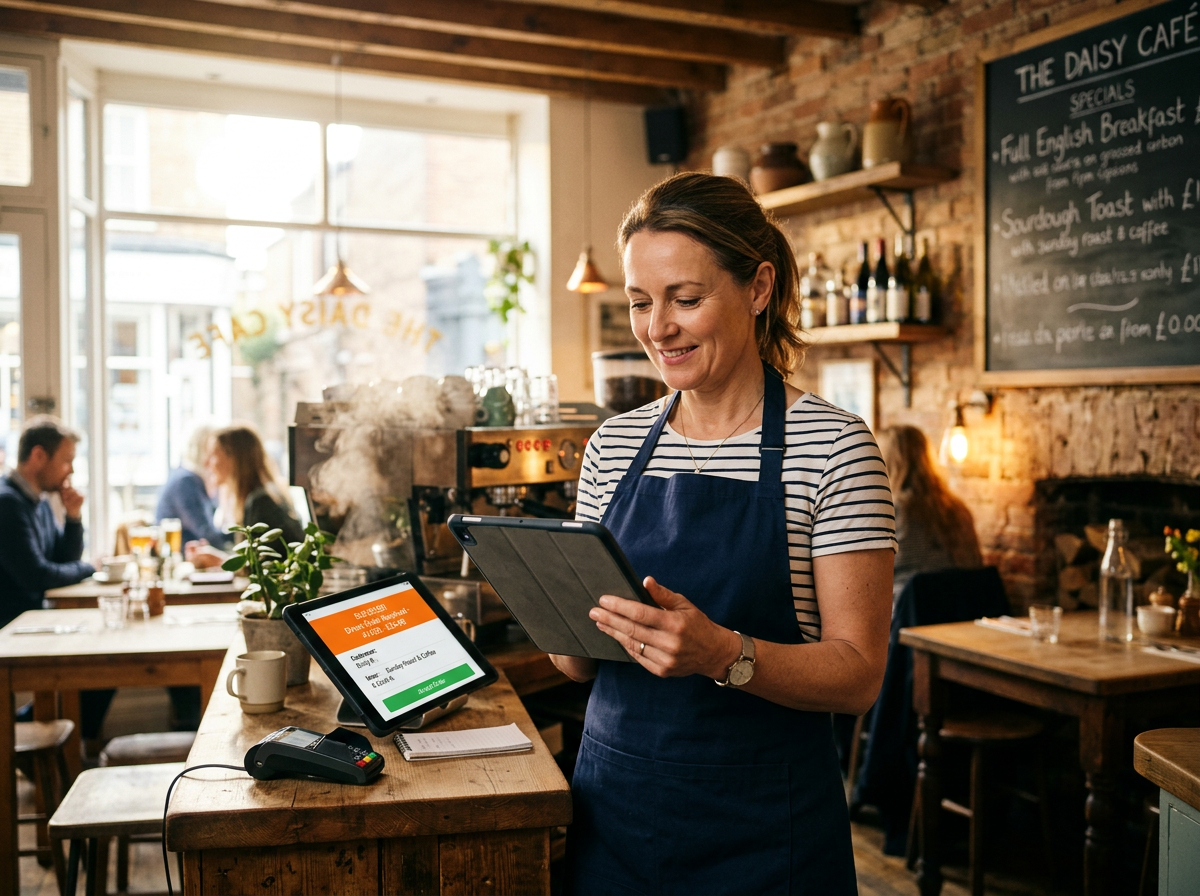 A confident restaurant owner viewing a successful direct order on a tablet in a sunlit, welcoming bistro environment.