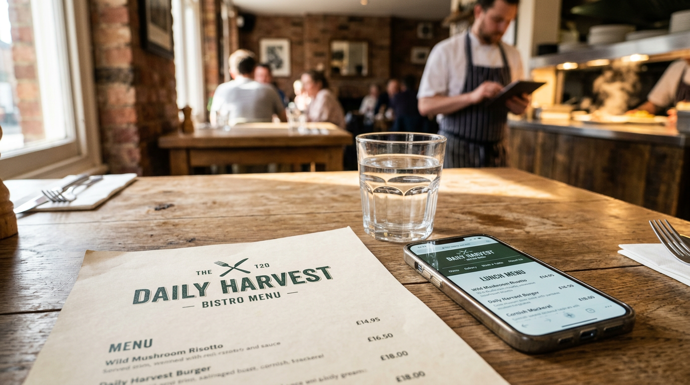 A physical paper menu on a wooden table next to a smartphone displaying a professional digital version of the same menu.