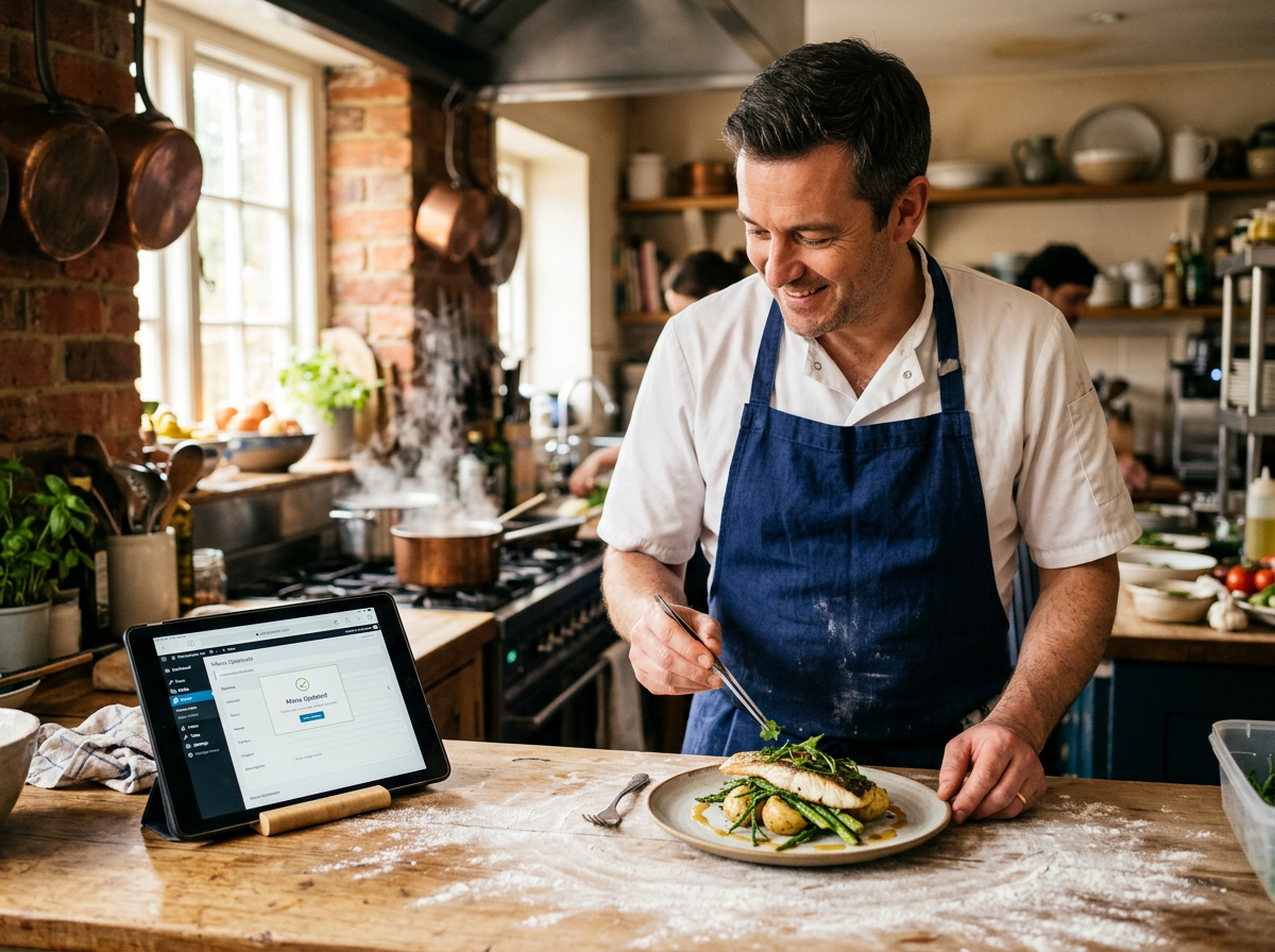 A professional chef in a sunlit kitchen, focusing on food preparation rather than a digital device, symbolizing the reclamation of time.