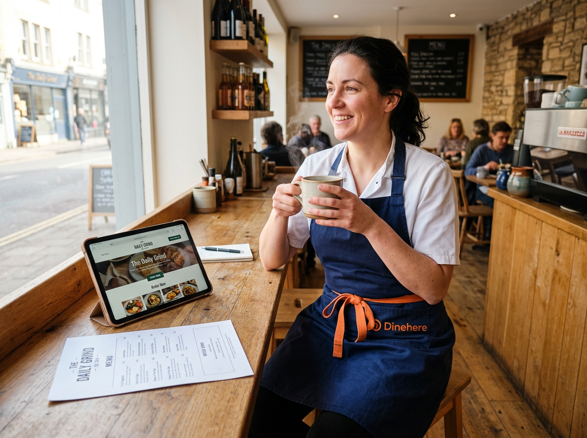 A chef relaxing with a cup of tea after setting up their restaurant website in ten minutes.