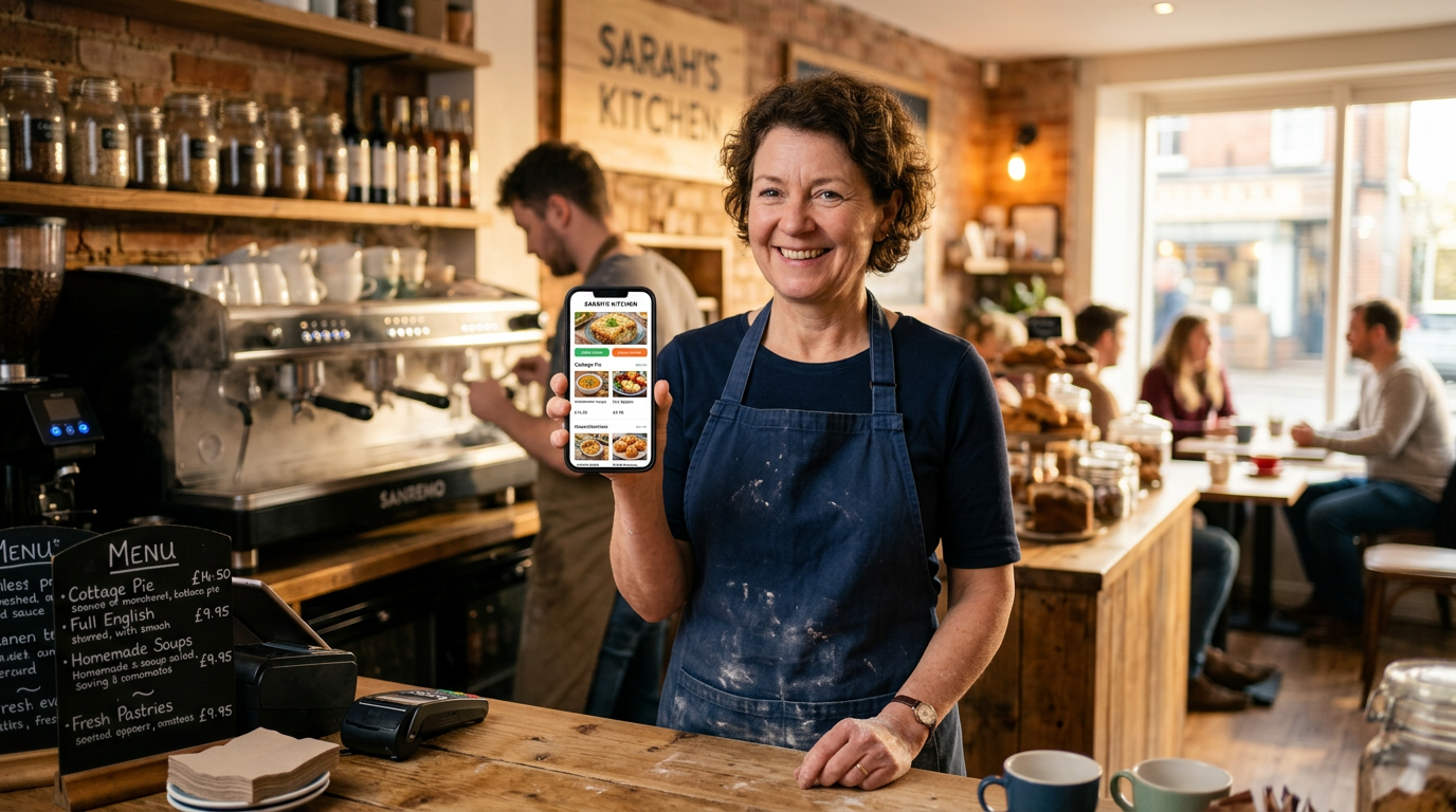 A British café owner smiling while viewing their modern, mobile-responsive restaurant website on a smartphone in a sunlit interior.