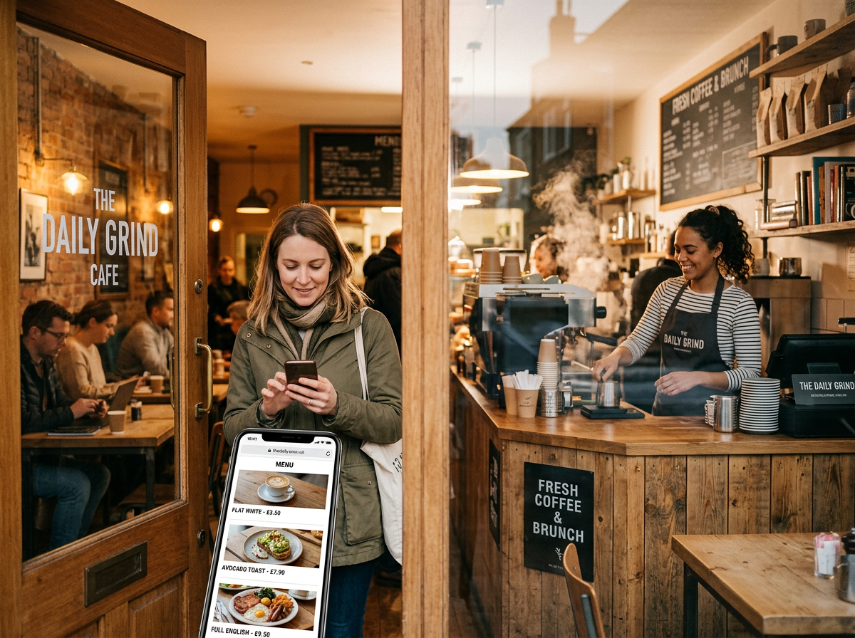 A customer walks into a sunlit, busy cafe while holding a smartphone, illustrating the connection between online search and physical footfall.