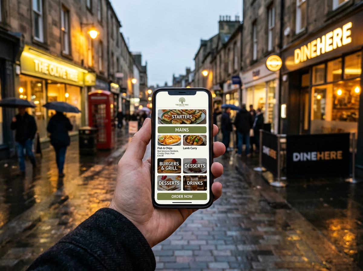 A customer using a mobile-first digital menu on a smartphone while walking on a rainy UK high street.