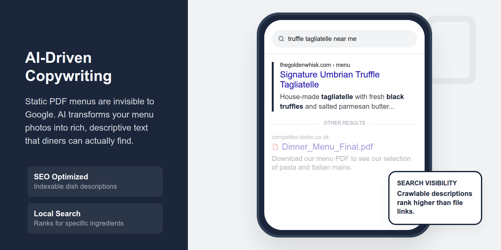 A smartphone screen showing a search for 'crispy ale-battered cod' with the restaurant website appearing at the top.
