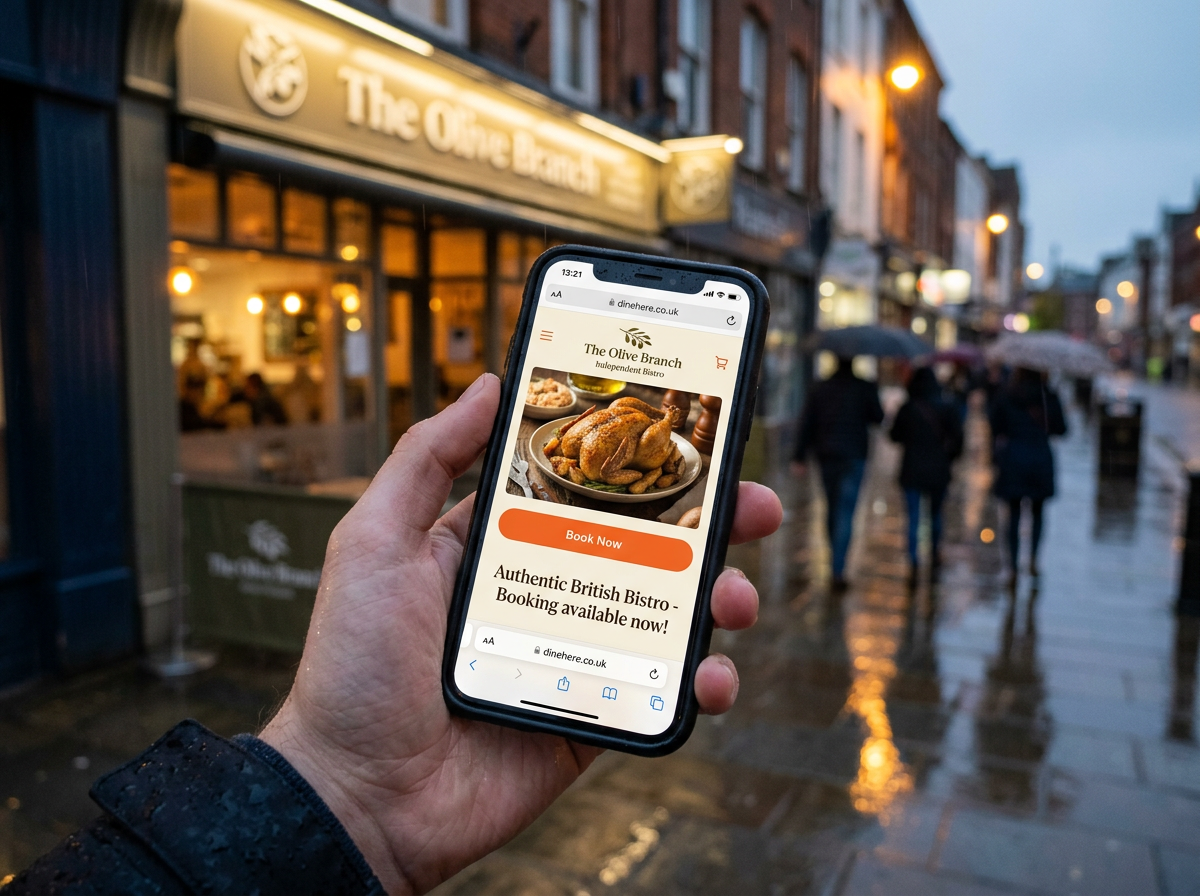 A person using a mobile phone to book a restaurant on a rainy street, highlighting the importance of a mobile-first digital front door.
