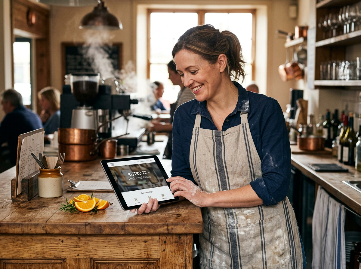 A relaxed restaurant owner viewing their professional website on a tablet in a warm, authentically lit kitchen environment.