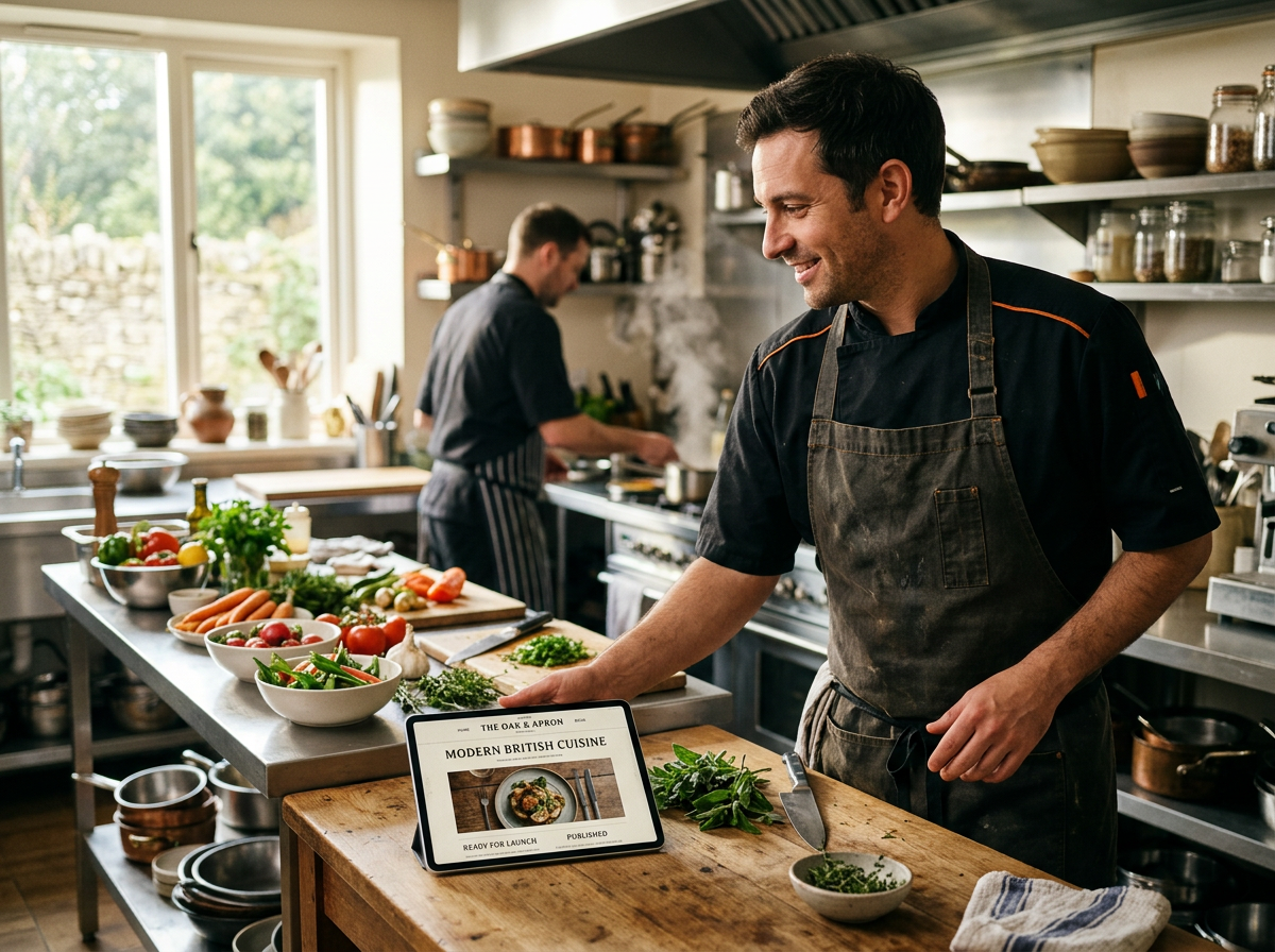 A relieved restaurant owner returning to their kitchen after finishing their 10-minute website setup.