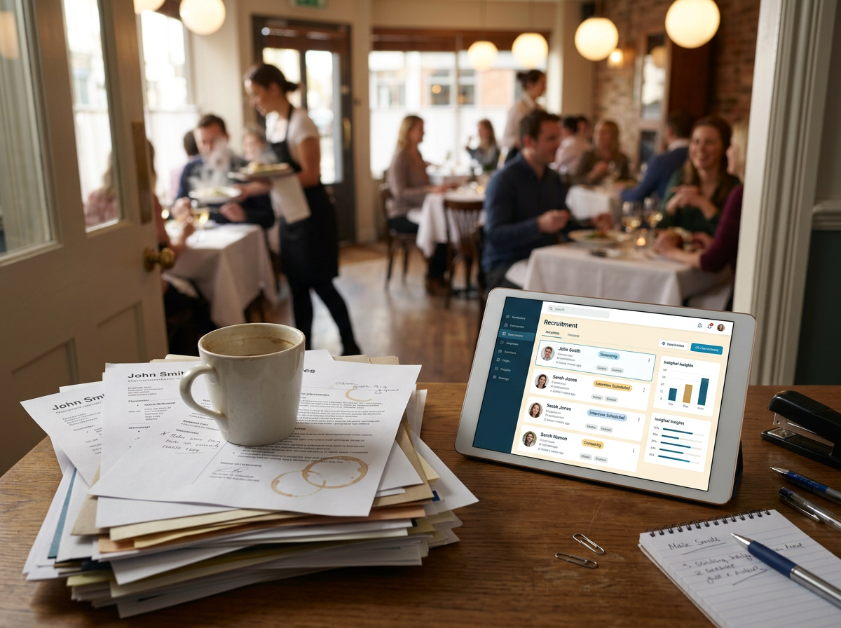 A conceptual photo contrasting a cluttered back-office desk covered in paper CVs with the warm, vibrant atmosphere of a busy restaurant dining room in the background.