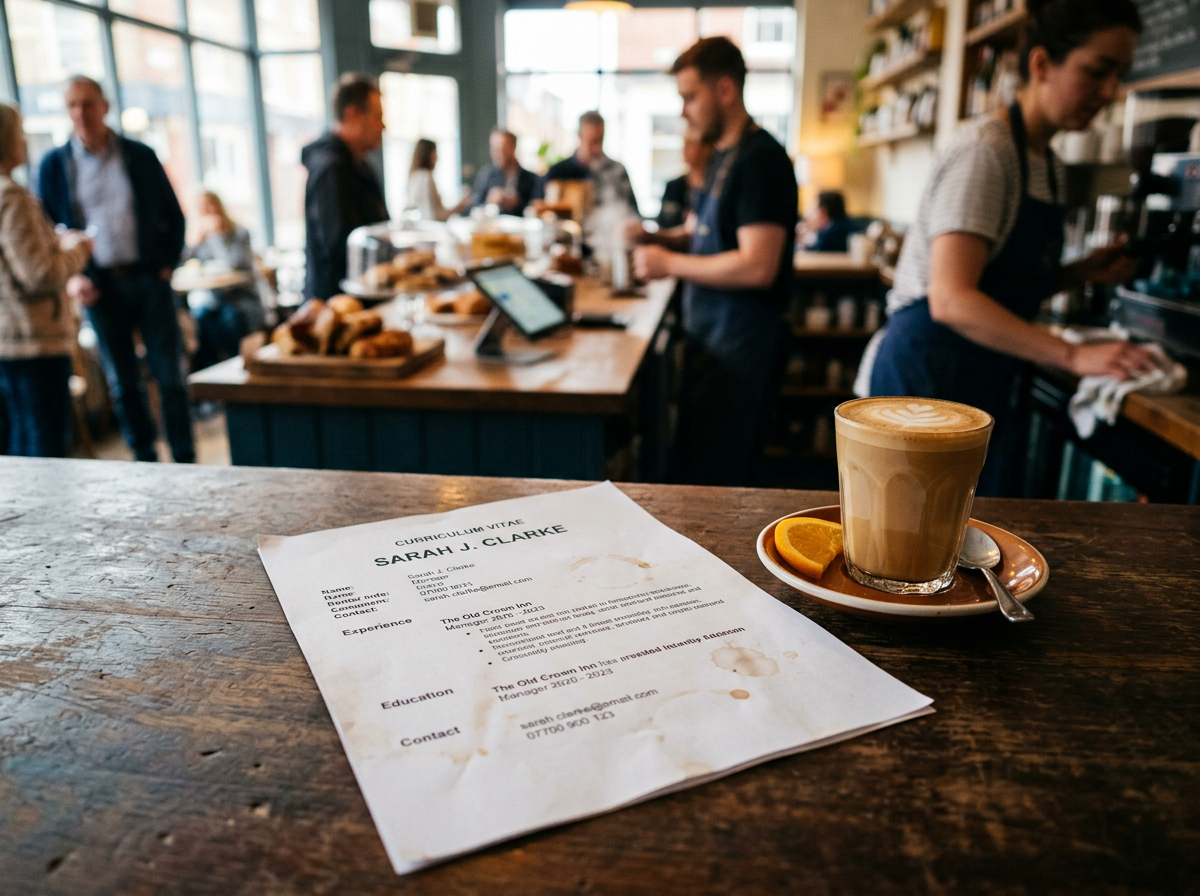 A physical CV sitting vulnerably on a restaurant bar-top, highlighting the GDPR security risks of paper-based hiring.