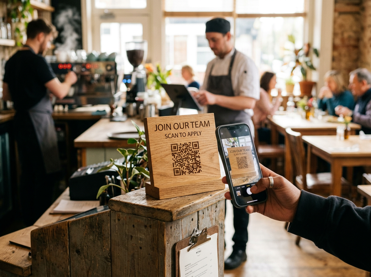 A close-up of a QR code recruitment sign on a restaurant host stand, illustrating a mobile-first application process.