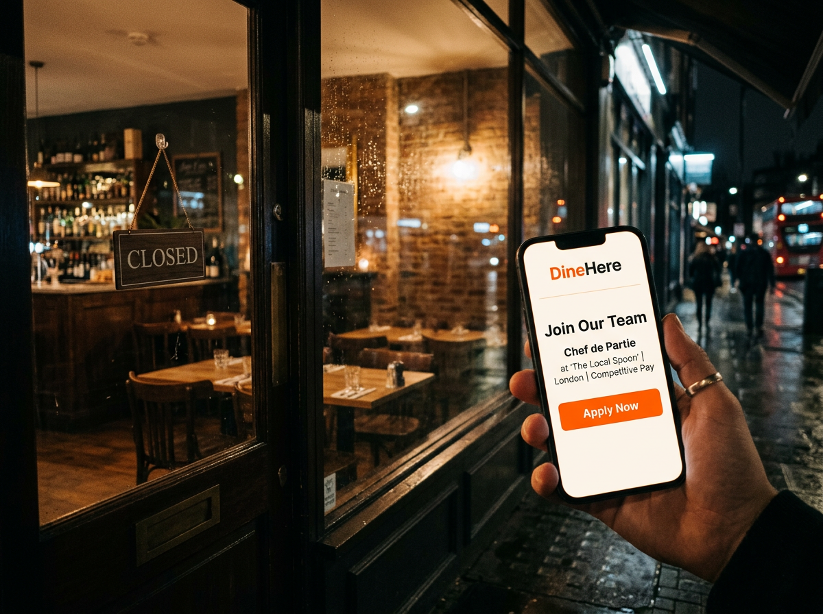 A smartphone showing a digital careers page in front of a closed restaurant at night, representing 24/7 talent capture.