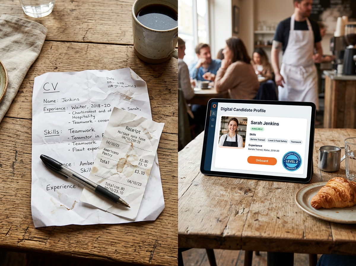 A side-by-side comparison of a cluttered paper-based hiring process and a clean, efficient digital candidate profile on a tablet.