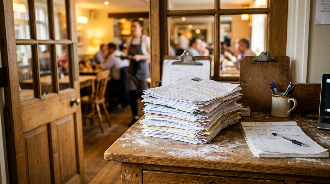 A cluttered stack of paper CVs on a wooden desk in a gastropub back office with a busy restaurant in the background.