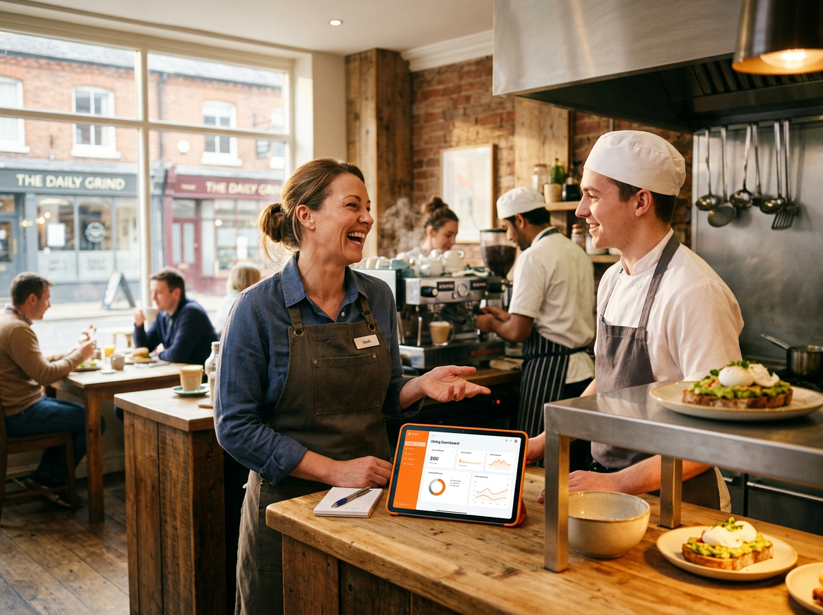 A restaurant manager looking relieved and happy while interacting with staff in a bright, bustling bistro.