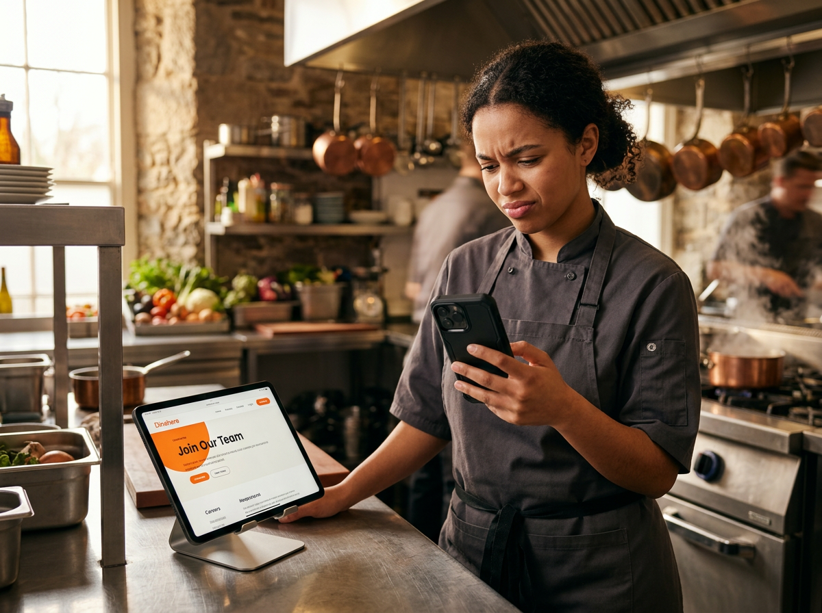 A young professional chef looking at a smartphone in a modern kitchen, illustrating the Gen Z perspective on a restaurant's digital presence.