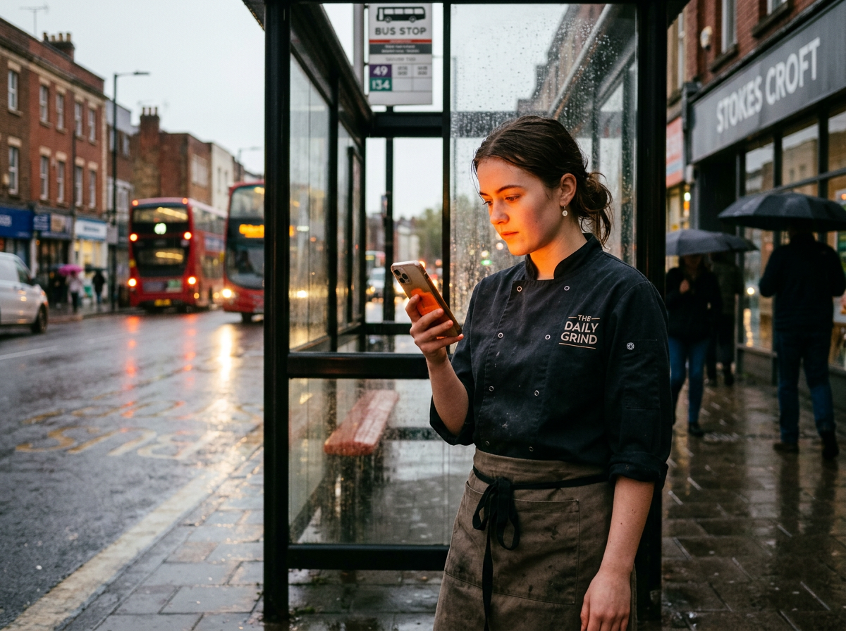 A chef in a kitchen apron and jacket checking their phone at a rainy bus stop, representing the typical environment where hospitality staff apply for jobs.