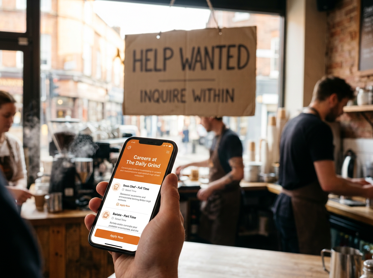 A modern smartphone showing a digital job application in front of a traditional, blurred paper recruitment sign.