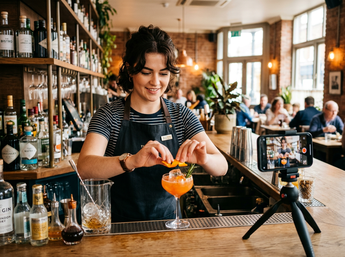 A bartender preparing a drink while being filmed for a social media recruitment video, highlighting the 'vibe' of the workplace.