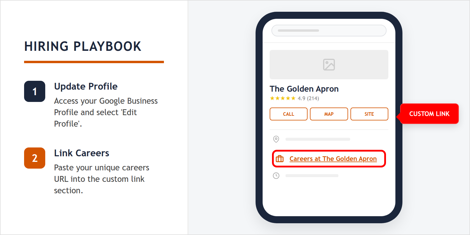 A smartphone screen showing a Google Business Profile for a restaurant with a highlighted link for job applications.