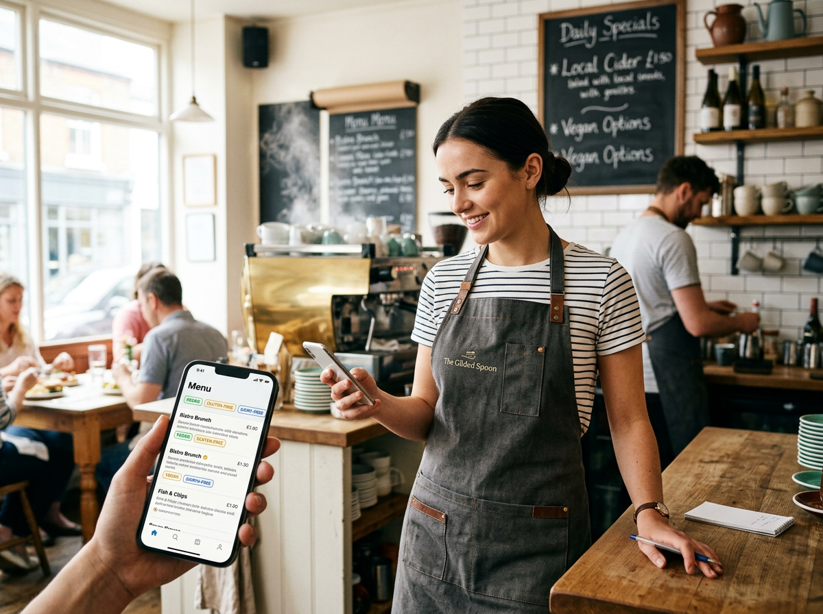 A photograph of a new waiter using a smartphone to study a digital menu with allergen icons highlighted.