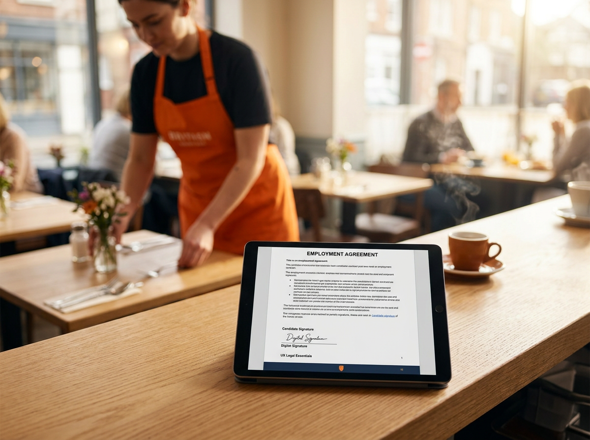 A tablet displaying a digital employment contract in a sunlit UK bistro, representing professional and legally binding hiring practices.