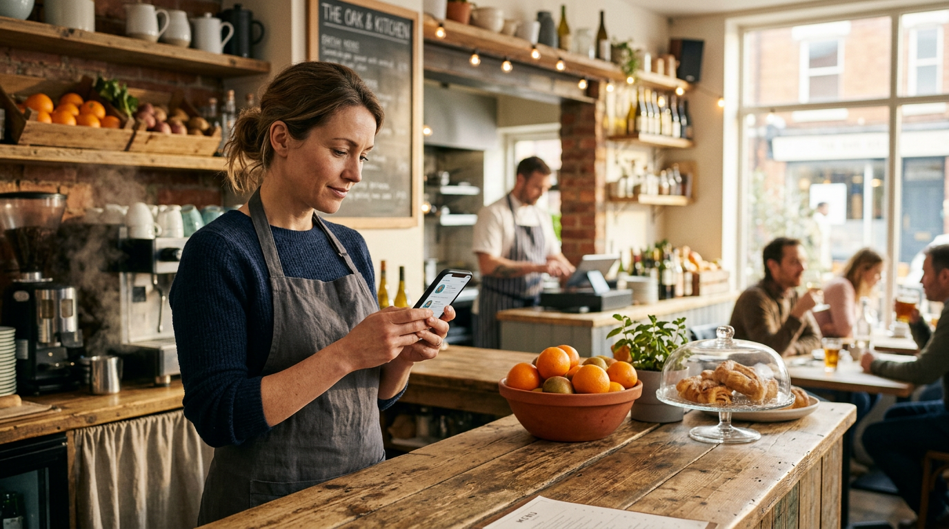 An independent British restaurant owner checking his smartphone in a warm, modern bistro setting, representing the intersection of hospitality and technology.