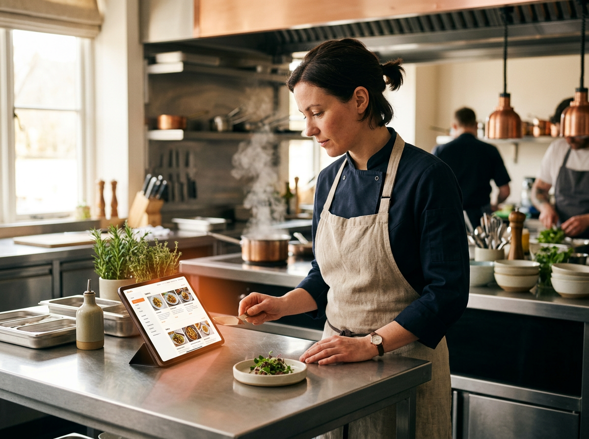 A modern chef using a tablet in a professional kitchen, representing a workplace that values efficiency and up-to-date technology.