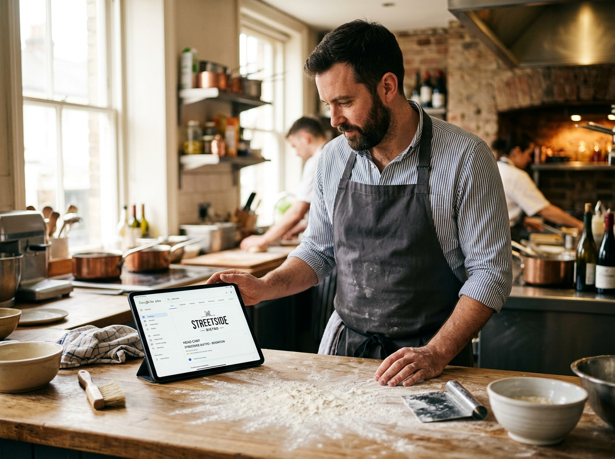A hospitality professional in an authentic kitchen setting viewing a local job listing on a tablet.