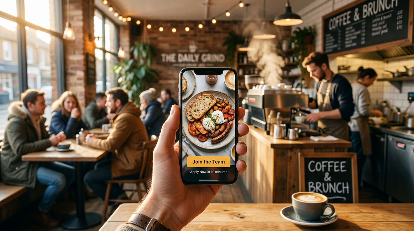 A smartphone displaying a restaurant's recruitment page in front of a warm, inviting bistro entrance during sunset.